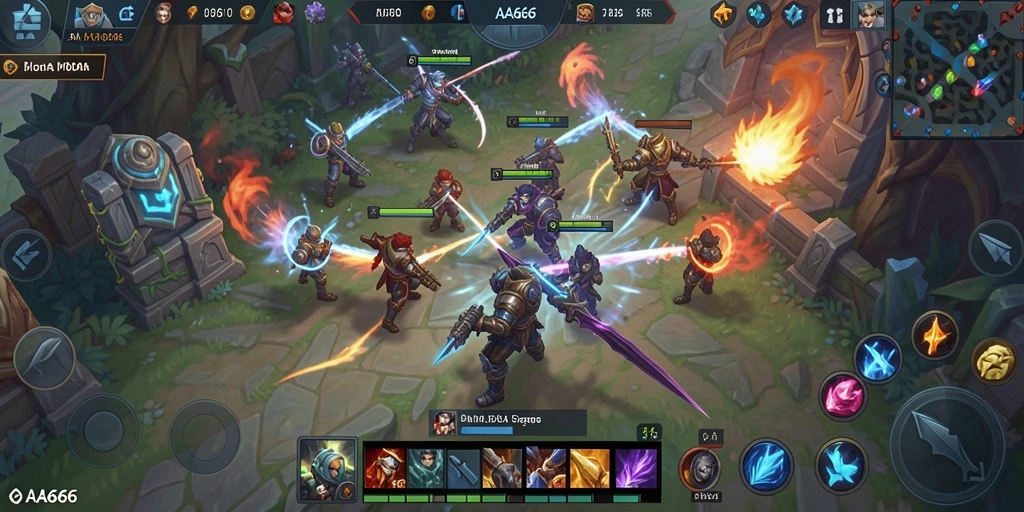 Tampilan gameplay strategis dalam <strong>AA666</strong> yang menampilkan pertarungan tim.