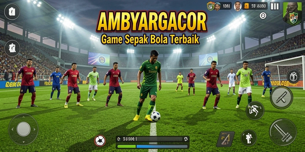 Tampilan gameplay menarik dalam AMBYARGACOR dengan aksi sepak bola yang seru.