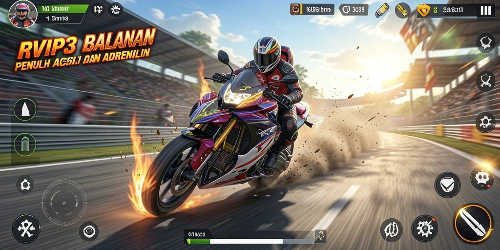 Tampilan gameplay RVIP3 yang menegangkan dalam balapan motor.